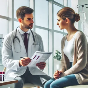 The visual of a doctor reviewing a MPV blood test report with a patient